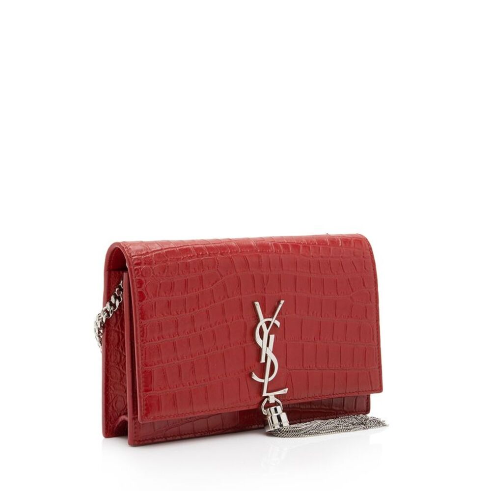 Saint Laurent Croc Embossed Leather Monogram Kate Tassel Chain Wallet - Picture 2 of 14